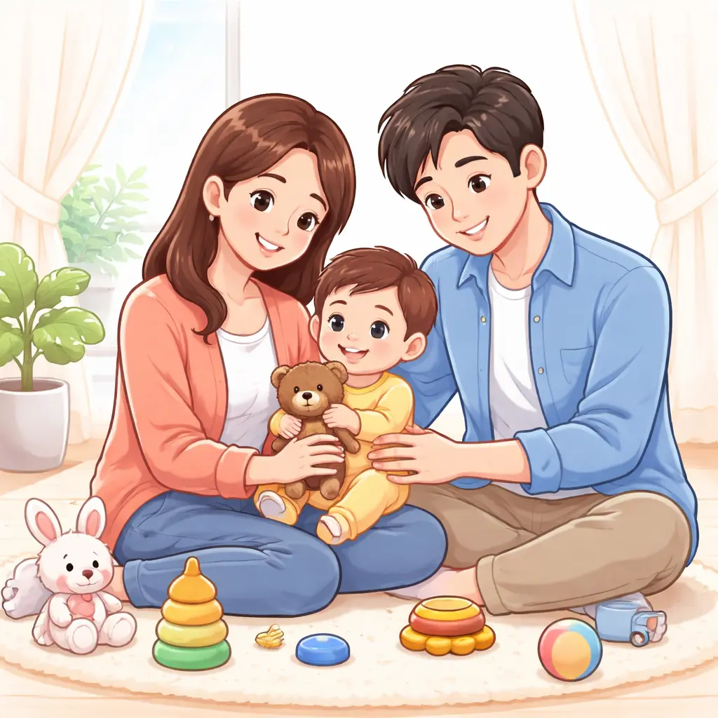 육아휴직 급여 조건을 설명하는 부모와 아기 육아 일러스트