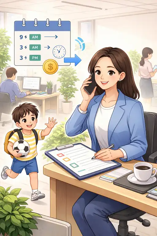 육아기 근로시간 단축을 통해 아이를 돌보는 워킹맘 일러스트