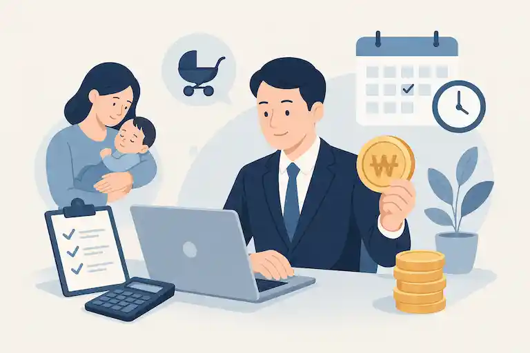 육아휴직 지원금 사업주 대상 금액과 조건을 설명하는 일러스트 이미지
