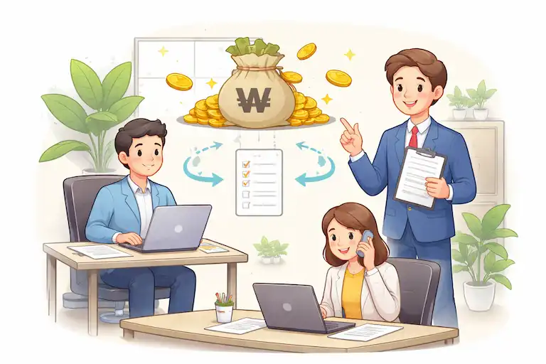 업무분담 지원금 사업주가 직원 간 업무를 나누고 지원금을 받는 상황을 표현한 이미지