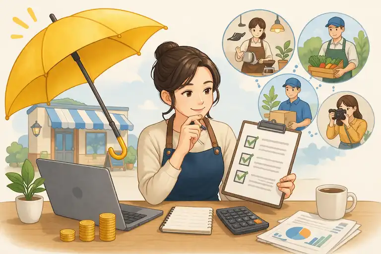 노란우산 아래에서 사업자가 가입 조건을 확인하는 장면을 표현한 일러스트