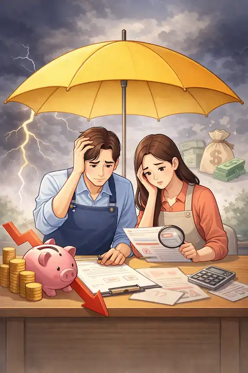 노란우산 아래에서 재무 부담을 고민하는 소상공인 부부 일러스트